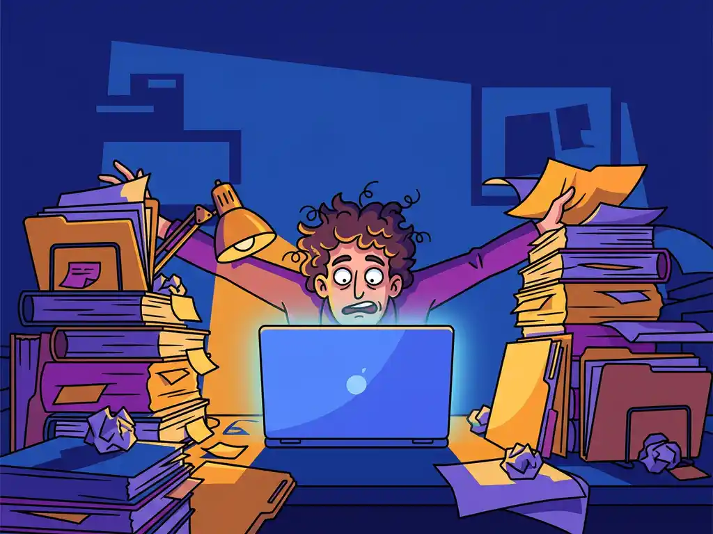 Recruiter overweldigd door stapels papieren mappen op rommelig bureau, met één helder laptop als rustpunt in de chaos.