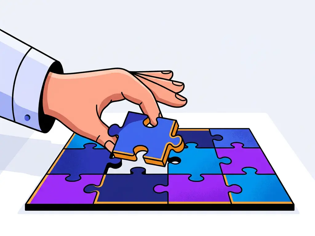 Recruiter plaatst een puzzelstuk op een kleurrijk raster, symbolisch voor het evalueren van softwareleveranciers.