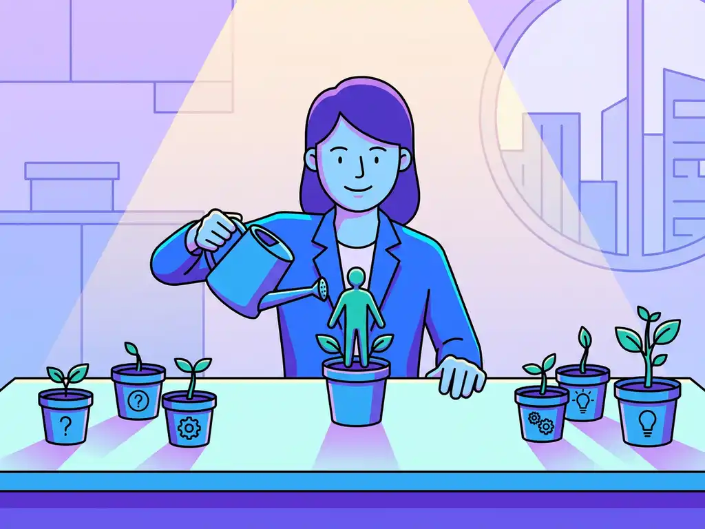 Recruiter die een mensgevormde potplant water geeft tussen kandidaat-zaailingen op een modern bureau, kleurrijke platte illustratie.