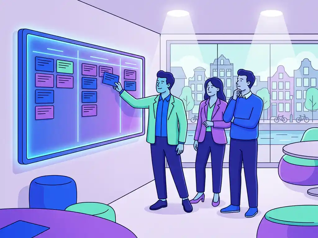 Drie recruiters rond een verlicht kanban-bord met kleurgecodeerde kandidaatkaarten in blauw en violet, modern kantoor, platte illustratiestijl.