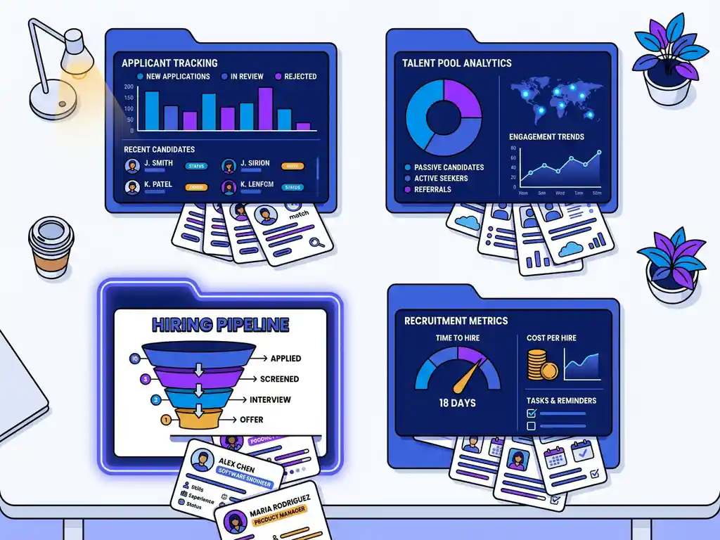 Vier recruitment software dashboards als open mappen op een bureau, met kandidaatkaarten en funnelgrafieken, één map gemarkeerd met indigo-blauwe rand.