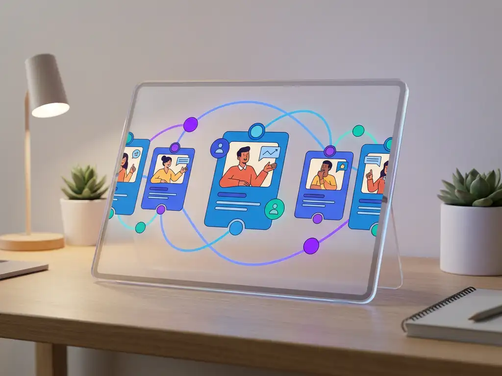 Recruitmentdashboard op tablet met geautomatiseerde kandidaatprofielen verbonden door gebogen communicatielijnen in blauw, paars en teal.