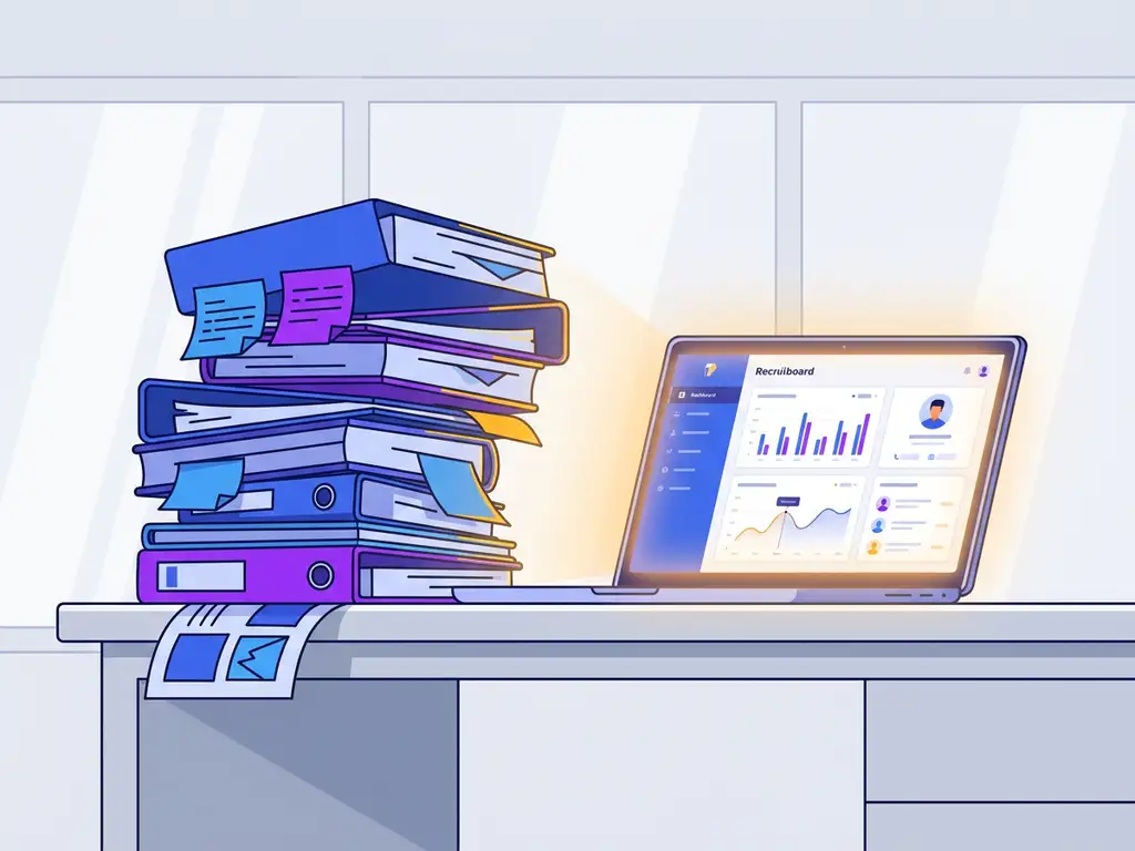 Stapel kandidatenmappen en sticky notes op bureau naast laptop met georganiseerd recruitmentdashboard, van chaos naar overzicht.