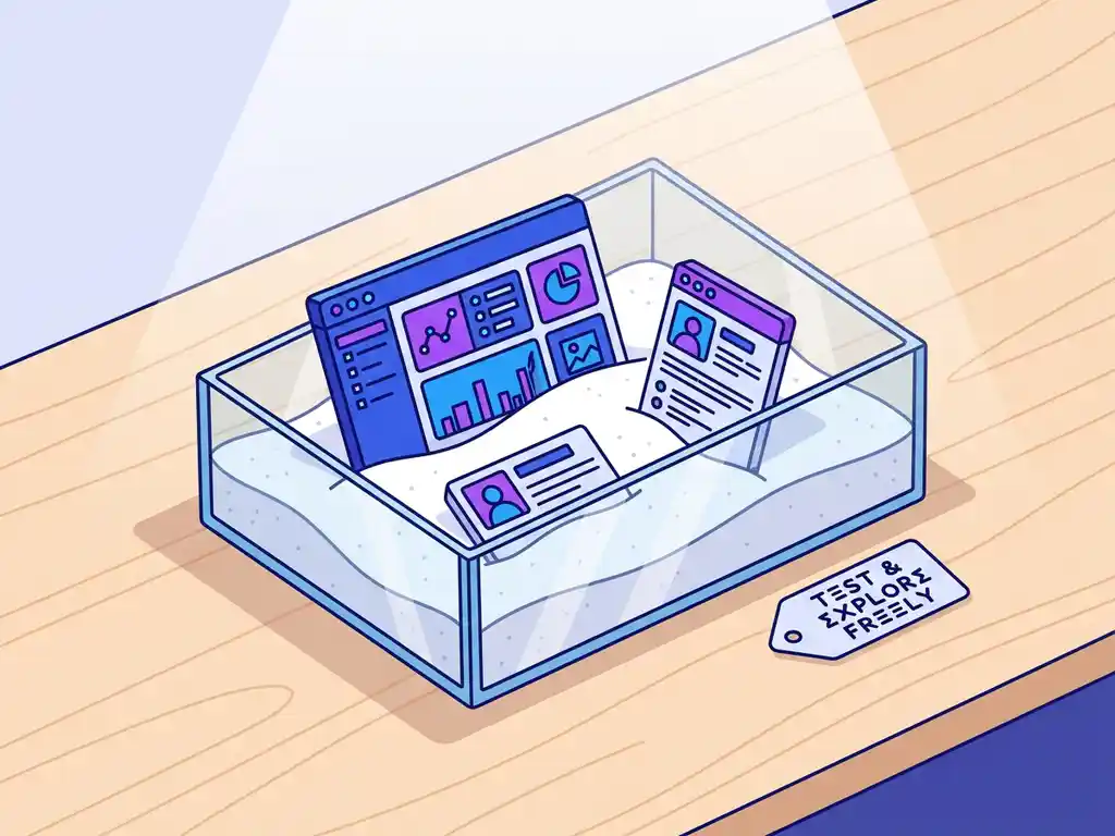 Miniatuur recruitmentdashboard in glazen zandbak met kandidaatprofiel en vacaturekaart, stijlvolle flat illustration in kobaltblauw en violet.