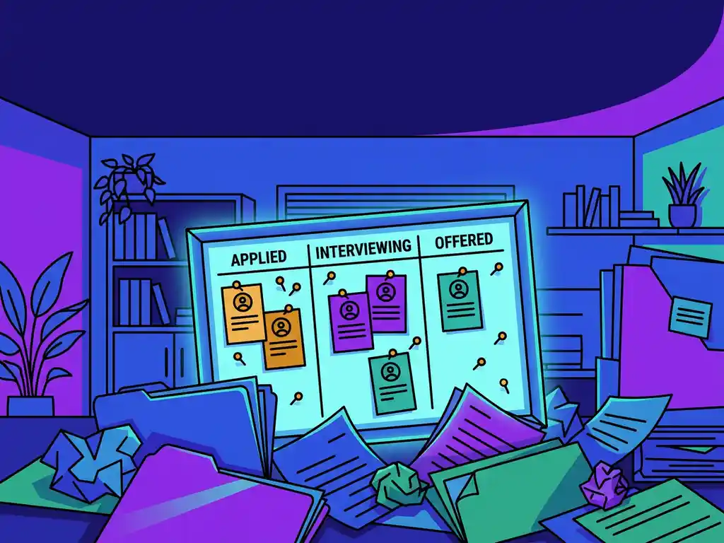 Recruiterbureau met rommelige kandidatenmappen naast een overzichtelijk kanban-prikbord met gekleurde statusspelden in kobaltblauw, paars en teal.