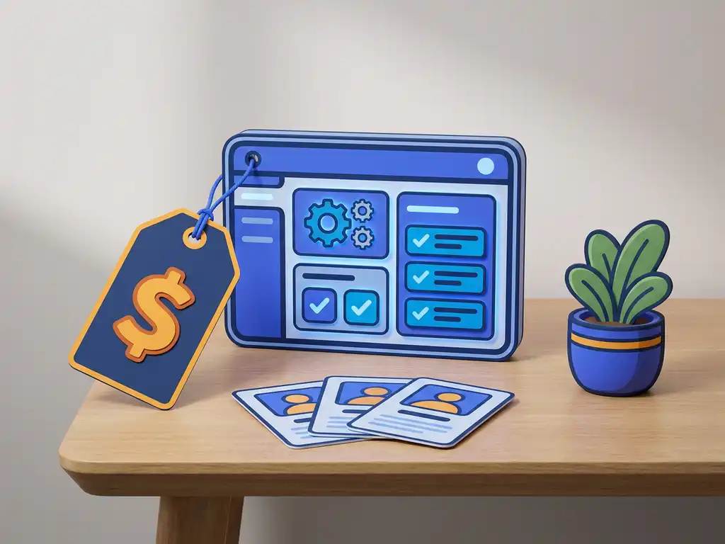 Prijskaartje hangend aan een minimalistische recruitmentdashboard-interface op een bureau, met kandidaatprofielkaarten en een kleine plant.