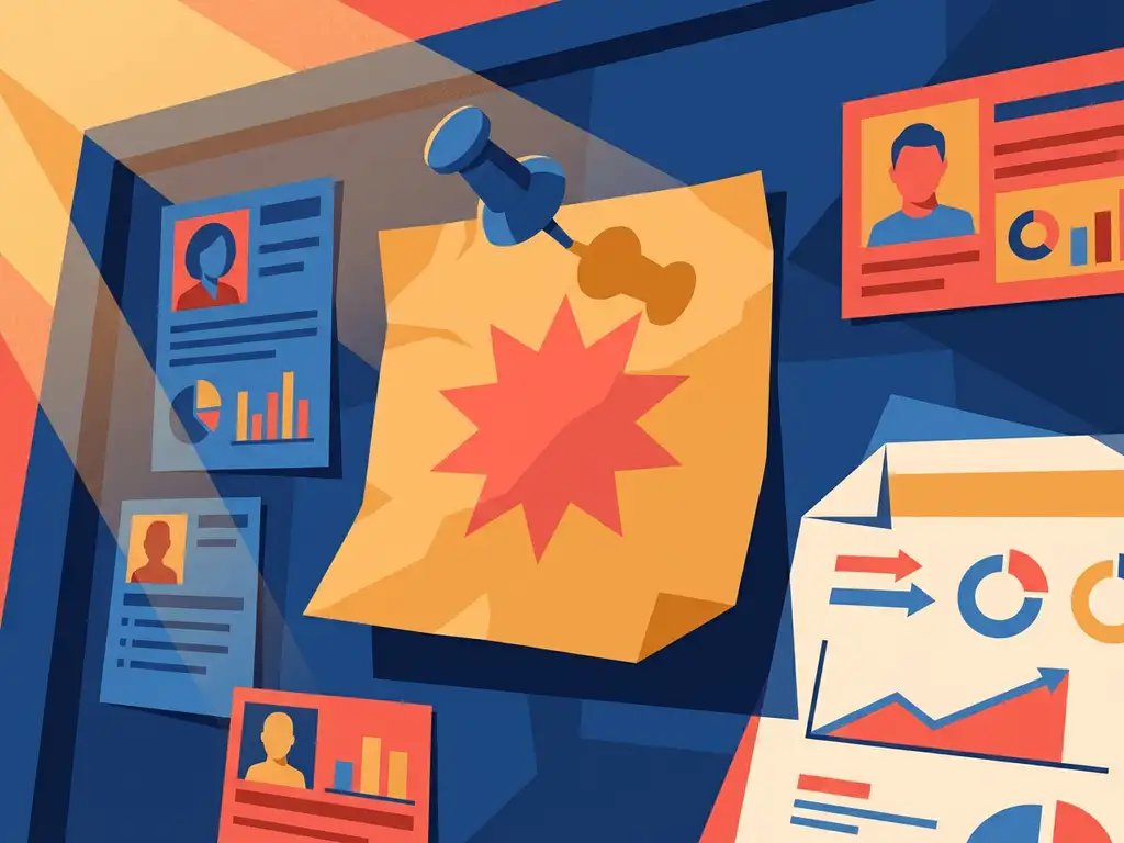 Verfrommeld één-ster beoordelingsbriefje geprikt op kantoorprikbord tussen kandidaatprofielen en recruitmentdashboard, vlakke illustratiestijl in blauw en koraalrood.