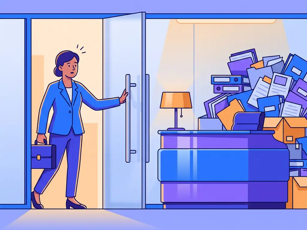 Sollicitant bij moderne kantooringang, verrast door contrast tussen strak receptiebalie en chaotische stapel mappen, vlakke illustratiestijl in blauw en violet.