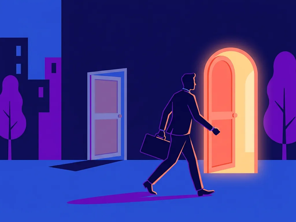 Zelfverzekerde sollicitant loopt richting verlichte deur van concurrent, tweede deur op achtergrond op een kier, vlakke illustratie in blauw en paars.