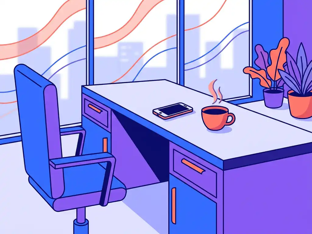 Lege kandidatenstoel tegenover een recruitersbureau met omgekeerde smartphone en onaangeroerd kopje koffie in modern kantoor.