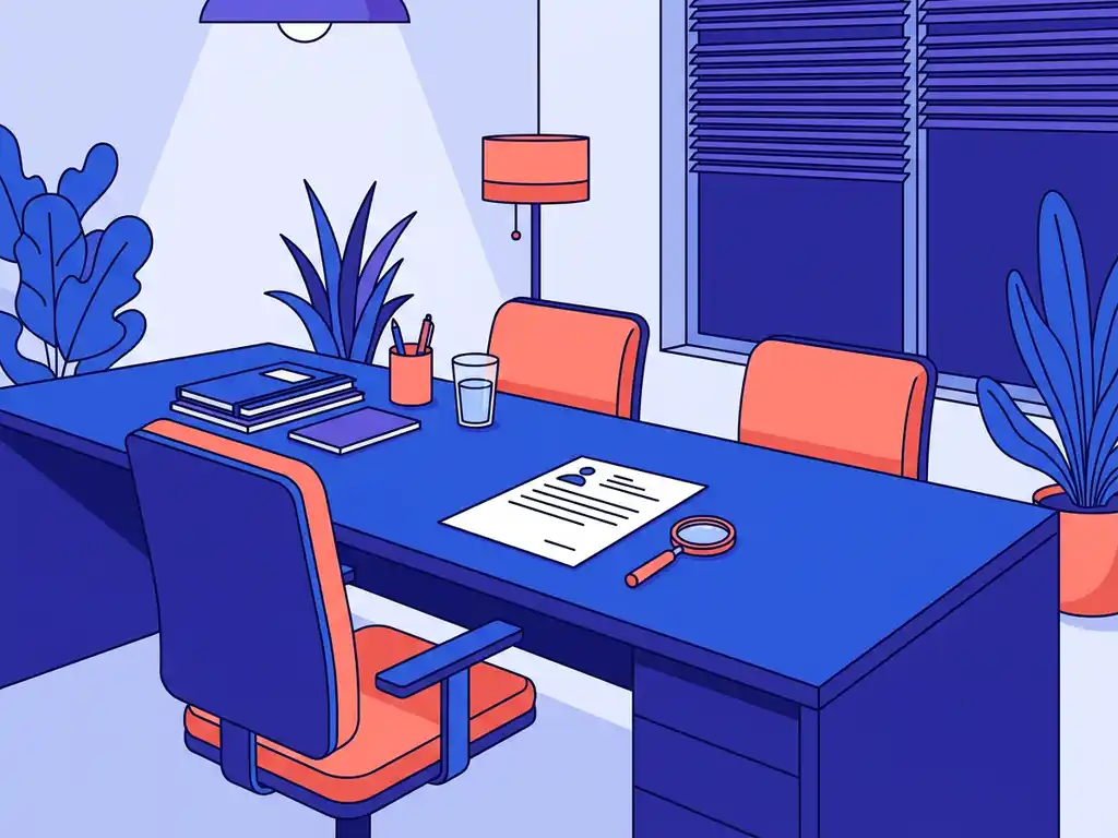 Lege interviewruimte met stoel, cv en vergrootglas op bureau in modern wervingskantoor met kobaltblauwe tinten.