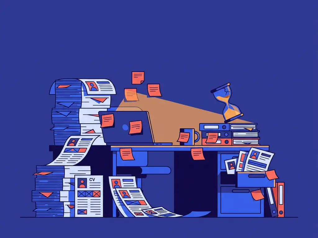 Recruiter bureau bezwijkt onder stapels papieren cv's, plakbriefjes en een kantelde zandloper in indigo en koraalrood.