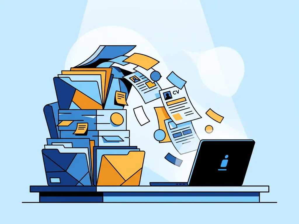 Hoge stapel kleurrijke sollicitatiemappen met uitpuilende cv's op modern bureau, laptop als digitaal alternatief op de achtergrond.