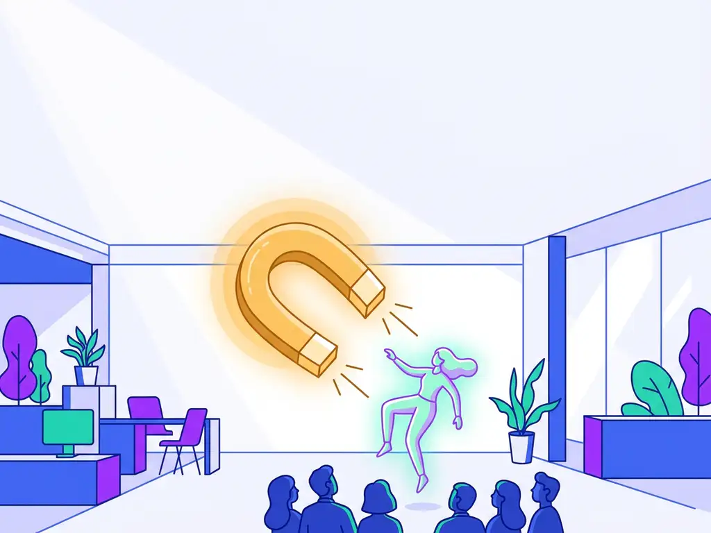 Gouden magneet trekt één gloeiende kandidaat aan uit een schaarse menigte silhouetten in een modern recruitmentkantoor.