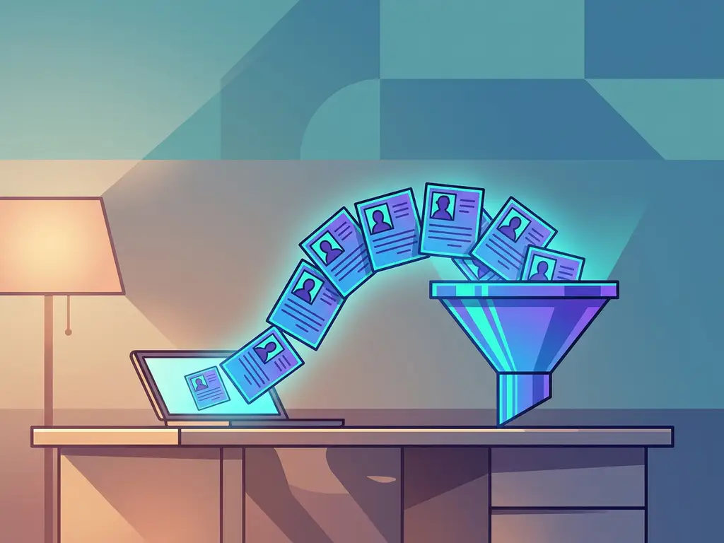 Gloeiende stroom kandidaatprofielen stroomt in een trechter op het bureau van een recruiter, vlakke illustratie in elektrisch blauw en violet.