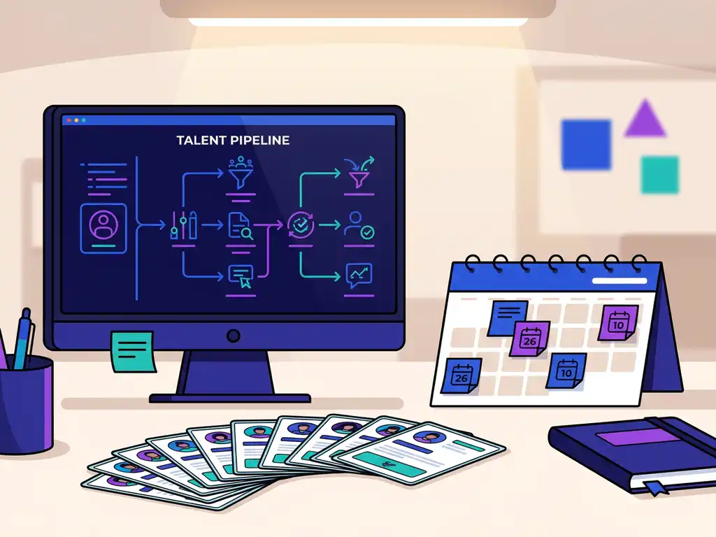 Recruiter aan opgeruimd bureau met digitale talentpipeline op monitor, uitgewaaierde kandidaatprofielen en planner met sticky notes.