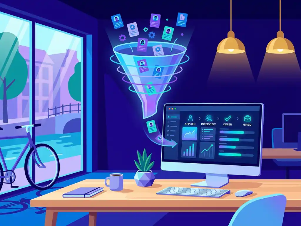 Gloeiende talentpijplijn als funnel met kandidaatkaarten die instromen in een recruitmentdashboard op een monitor in een modern Nederlands kantoor.