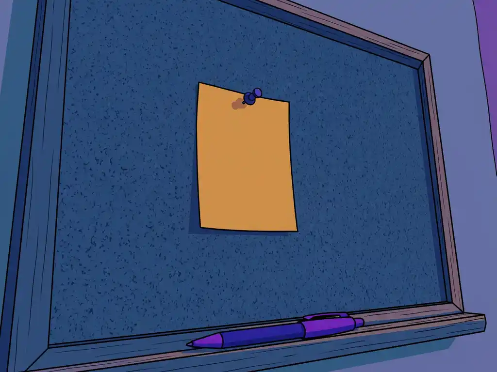 Lege vacature geprikt op kurkbord met droge pen ernaast, vlakke illustratie in blauw, paars en amber.