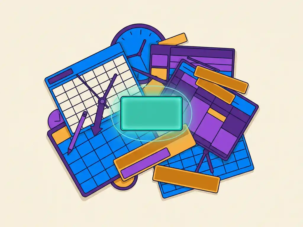 Verstrengelde kalenderrasters en klokwijzers met overlappende vergaderblokken op een bureau, één leeg tijdslot gloeit in teal.