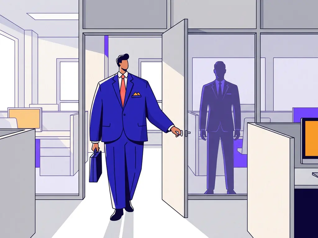 Zelfverzekerde kandidaat in blauw pak stapt door moderne kantooringang, terwijl een silhouet van de ideale kandidaat buiten wacht.