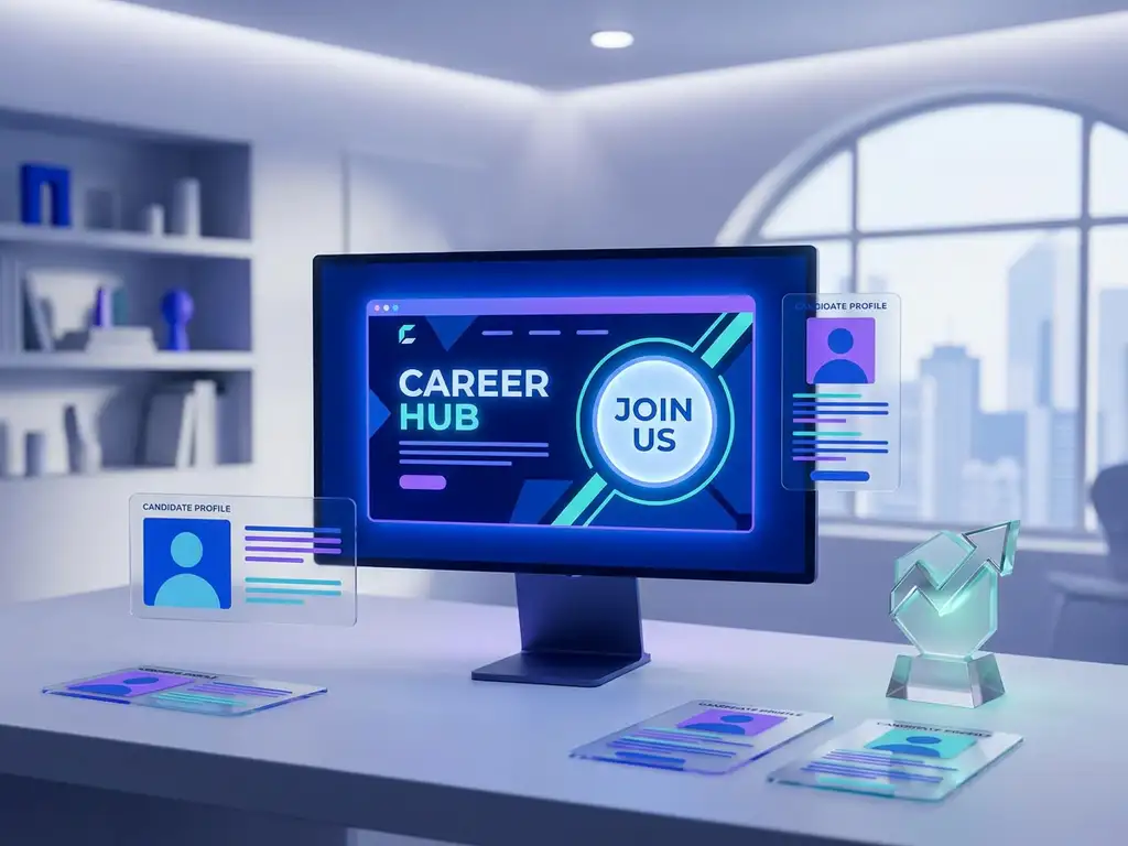 Monitor met branded carrièresite omringd door kandidaatprofielen en trofee in een modern recruitmentwerkruimte.