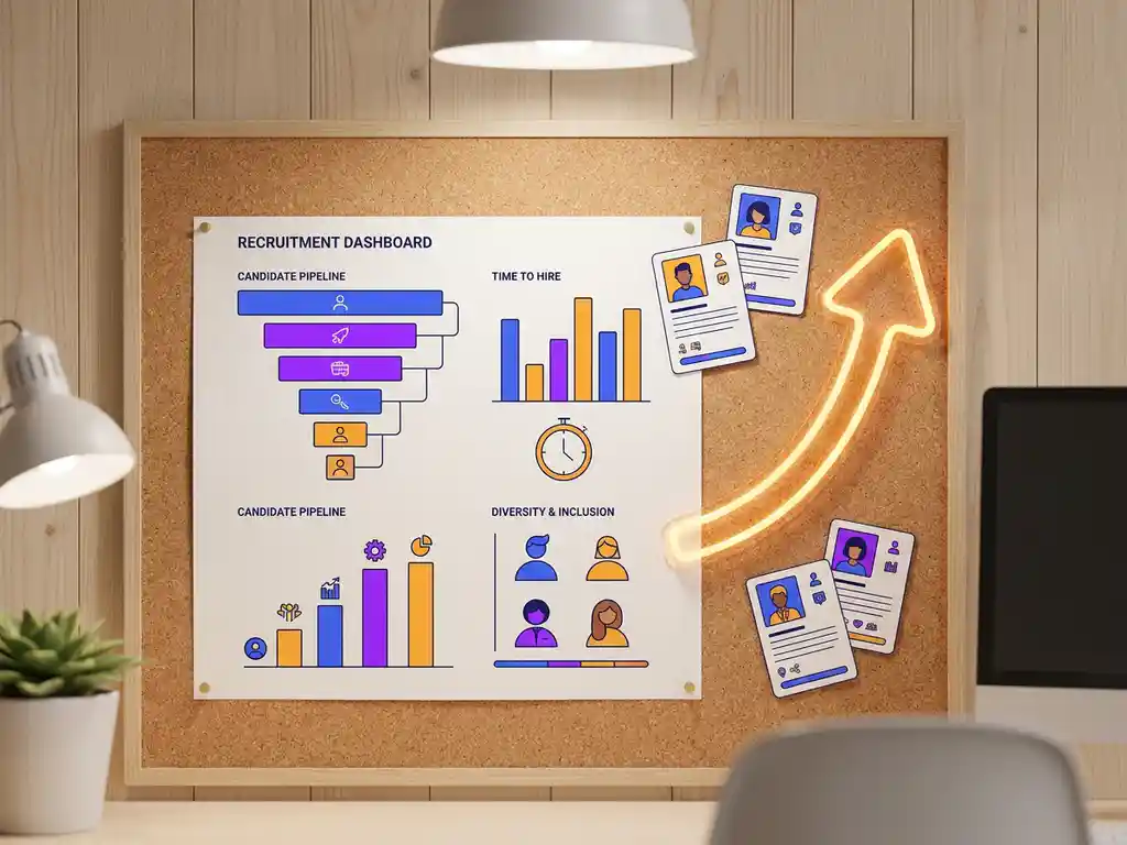 Recruitmentdashboard als infographic op kurkbord, omringd door kandidaatprofielkaarten en een opwaartse amber groeigrafiek.