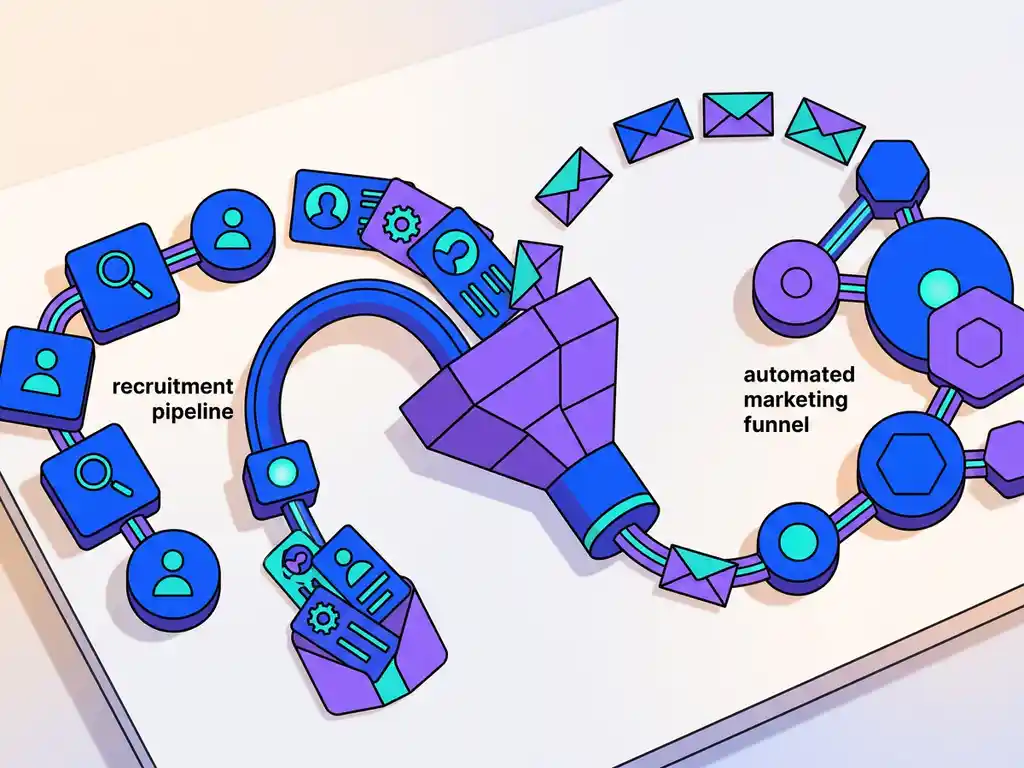 Geautomatiseerde recruitmentpipeline met geometrische knooppunten, kandidaatprofielen en campagne-enveloppen in elektrisch blauw, violet en teal.