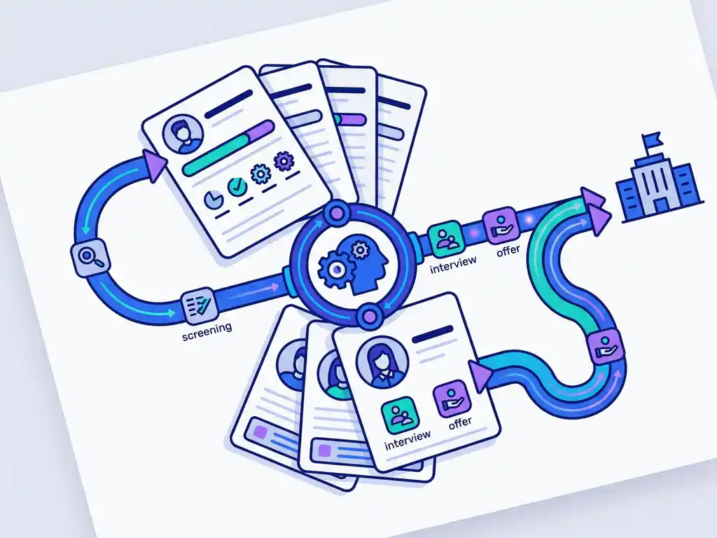 Recruitmentdashboard met kandidaatprofielkaarten rond een centrale hub, wervingspijplijn als gebogen paden in kobaltblauw en violet.