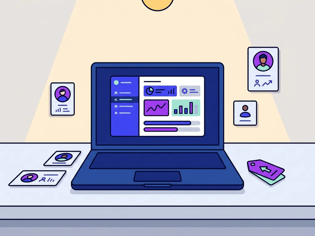 Compact recruitmentdashboard op laptop omringd door kandidaatprofielen en prijskaartje op modern bureau.