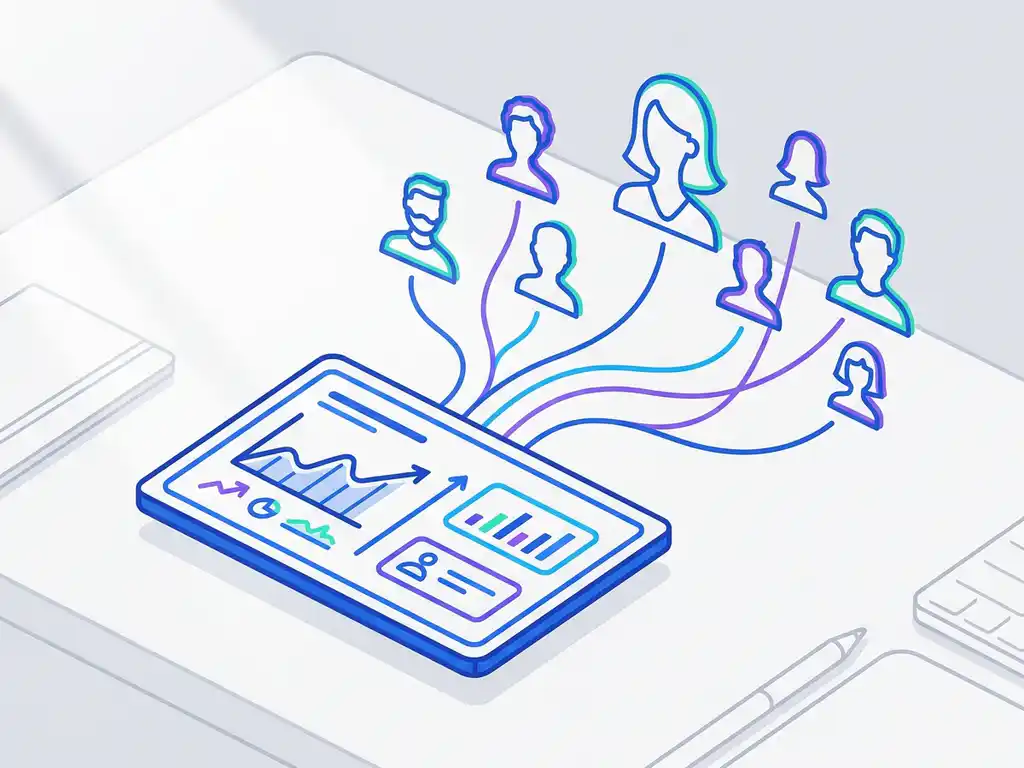 Recruitmentdashboard verbonden met sociale mediaprofielen via vloeiende lijnen, in cobaltblauw en violet tinten.