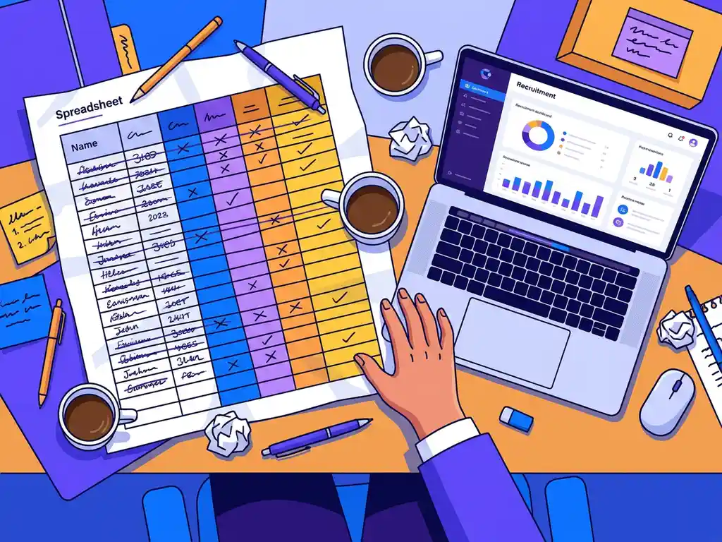 Gefrustreerde recruiter met rommelig bureau, verkreukeld spreadsheetprintout en laptop met overzichtelijk recruitmentdashboard.