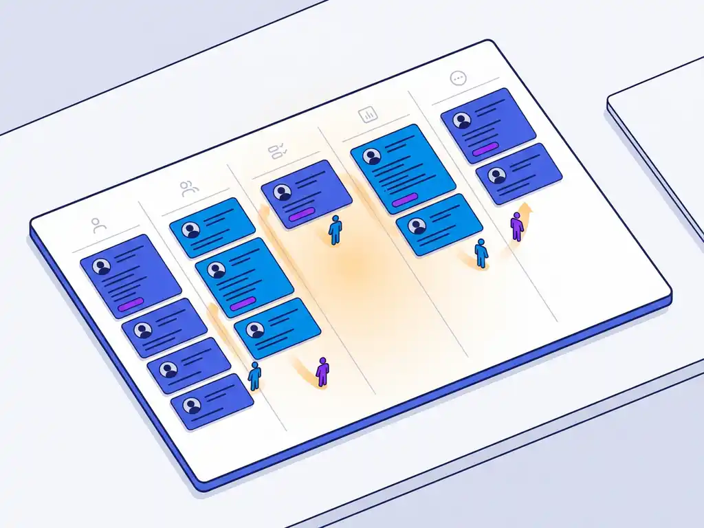 Recruitmentpipeline-bord met kandidaatkaarten in kolommen, kleine menssilhouetten bewegen door wervingsfasen, vlakke vectorillustratie in indigoblauw en violet.