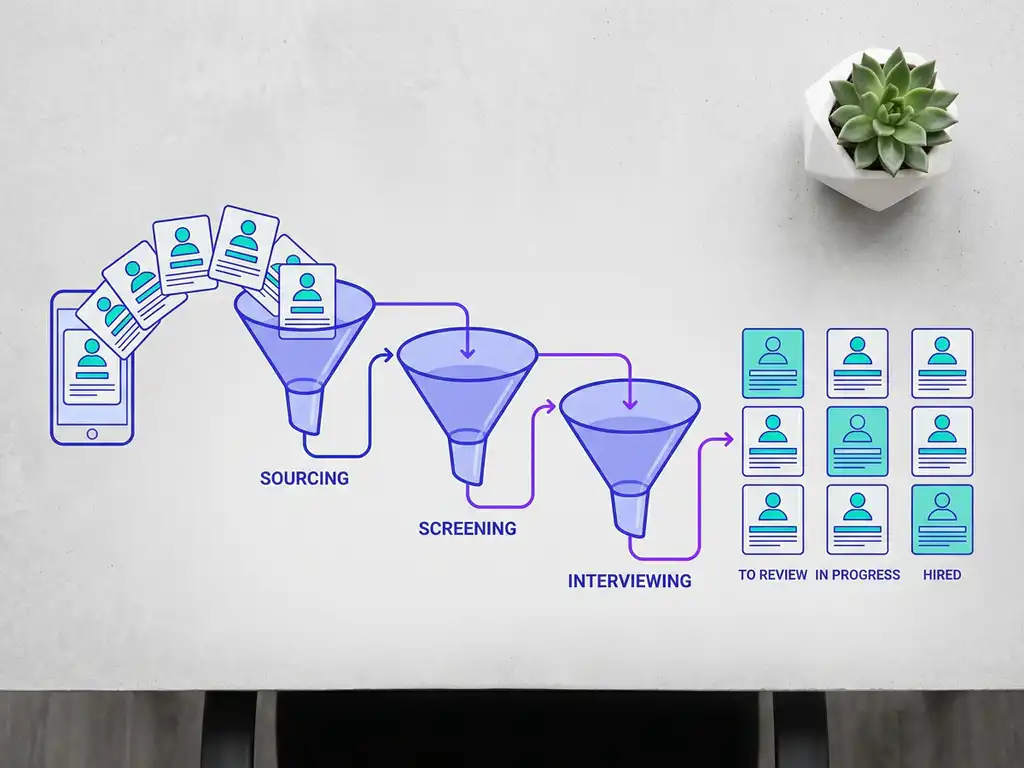 Recruitmentpijplijn als trechterdiagram met kandidaatkaarten in kolommen, potplant op bureau, cobalt blauwe en violette tinten.