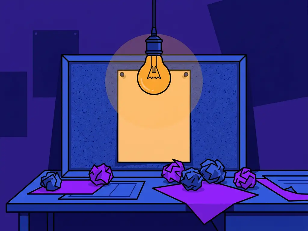Zwak gloeiende lamp boven een leeg wervingsposter op kurkbord, omringd door verfrommeld papier op modern bureau, vlakke illustratiestijl in diepblauw en violet.