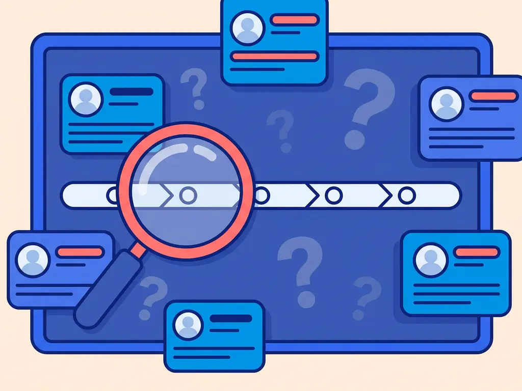 Vergrootglas boven leeg voortgangsoverzicht op recruitmentdashboard, omringd door kandidaatprofielkaarten zonder statusaanduiding.