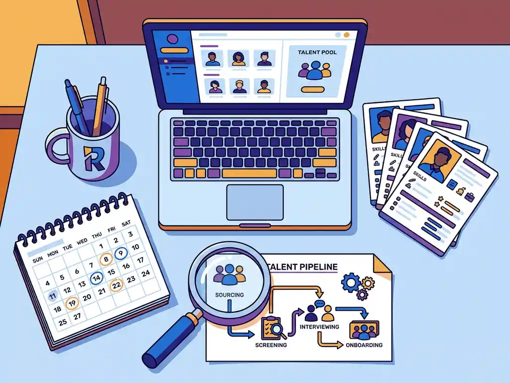 Recruitersbureau met laptop, kandidaatprofielen, kalender en talent pipeline-diagram in blauw-paarse flatlay stijl.