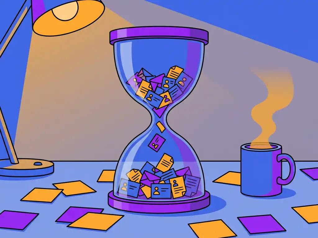 Reusachtige zandloper gevuld met cv's en kandidaatkaarten op een modern recruitersbureau met sticky notes en koffiekopje.