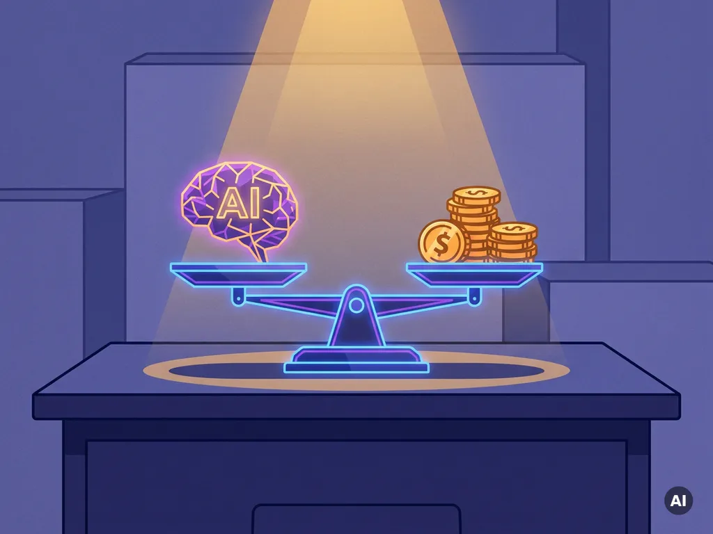 Gloeiende weegschaal op modern bureau met AI-brein en muntstapel in evenwicht, flat vector illustratie in blauw, paars en goud.